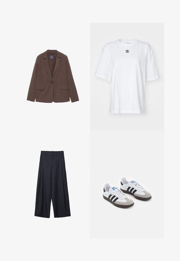 Brauner Blazer mit aufgesetztem Kragen, Ein-Knopf-Verschluss und zwei Fronttaschen. Hergestellt aus glattem Stoff mit taillierter Passform.; Weißes T-Shirt mit kurzen Ärmeln aus Baumwolle. Verfügt über einen Rundhalsausschnitt und ein kleines schwarzes Adidas-Logo auf der Brust. Gerader Saum.; Weite Hosen aus dunkelblauem Stoff mit vertikalen weißen Nadelstreifen, ausgestattet mit einem Knopfverschluss und seitlichen Taschen, glatte Textur, maßgeschneiderte Design.; Sportschuhe mit einem Obermaterial aus weißem Leder, grauer Wildleder-Zehenkappe und drei schwarzen Streifen. Sie verfügen über ein blaues Logo auf der Zunge und eine strukturierte Gummisohle.