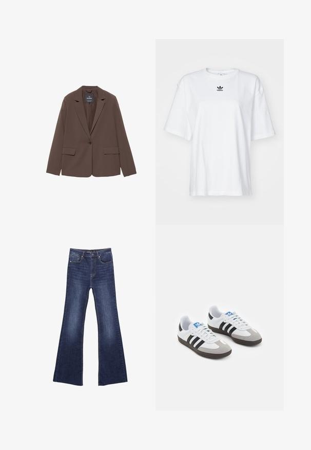 Brązowa marynarka z klapami, zapinana na jeden guzik, z dwiema przednimi kieszeniami. Wykonana z gładkiego materiału, o dopasowanym kroju.; Biała, krótko rękawowa koszulka z bawełny. Posiada okrągły dekolt oraz małe, czarne logo Adidas na klatce piersiowej. Proste zakończenie.; Jeans w ciemnym odcieniu z szerokimi nogawkami, wykonane z denimu. Posiadają przednie kieszenie oraz zamek błyskawiczny z zapięciem na guzik. Prosty pas.; Buty sportowe z białą skórzaną cholewką, szarym zamszowym noskiem i trzema czarnymi paskami. Posiadają niebieskie logo na języku oraz teksturowaną gumową podeszwę.