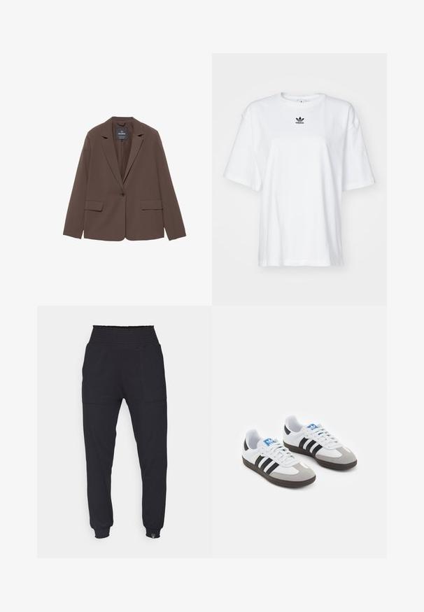 Bruine blazer met een gelapte kraag, enkele knopen sluiting en twee voorkeurszakken. Gemaakt van een gladde stof met een getailleerde pasvorm.; Witte korte mouwen t-shirt van katoen. Voorzien van een ronde hals en een klein zwart Adidas-logo op de borst. Rechthoekige zoom.; Zwarte joggerbroeken met een smock taille, taps toelopende pijpen, zijzakken en ribgebreide boorden. Gemaakt van zacht, rekbaar materiaal.; Sportschoenen met een witte leren bovenkant, grijze suède neus en drie zwarte strepen. Bevat een blauw logo op de tong en een gestructureerde rubberen zool.