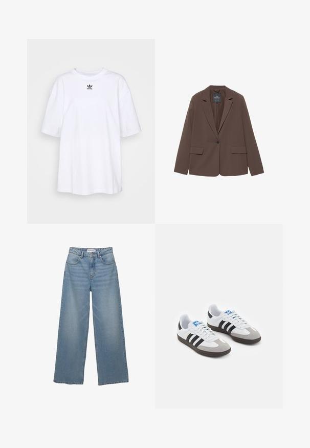 Sacou maroniu cu rever în unghi, închidere cu un singur buton și două buzunare frontale. Fabricat dintr-un material neted cu o croială ajustată.; adidas Originals TEE - Tricou basic - white; Jeans largi de un albastru deschis, fabricate din denim. Au talie înaltă, cinci buzunare și croială dreaptă, cu o decolorare minimă.; Încălțăminte sport cu un superior din piele albă, vârf din suede gri și trei dungi negre. Prezintă un logo albastru pe limbă și o talpă din cauciuc texturat.