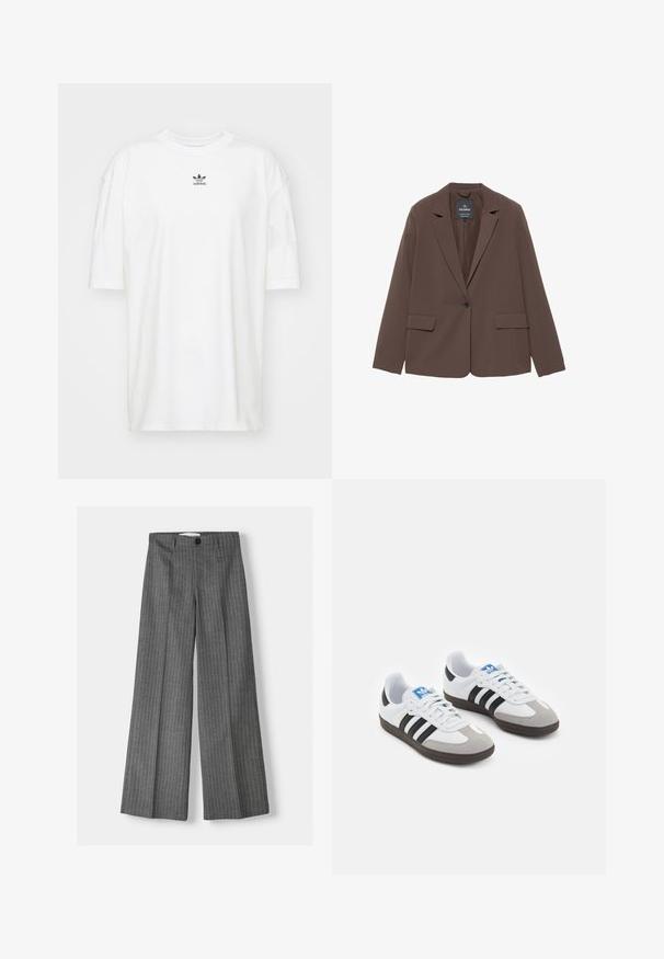 Brun blazer med spetsig krage, en knapp stängning och två framfickor. Tillverkad av ett mjukt tyg med en skräddarsydd passform.; adidas Originals TEE - T-shirt - bas - cloud white; Grå vida byxor med en ränderad mönster, med knäppning och två framfickor. Tillverkade av strukturerad tyg.; Sportskor med överdel i vit läder, grå mocka på tårna och tre svarta ränder. Har en blå logotyp på tungan och en texturerad gummisula.