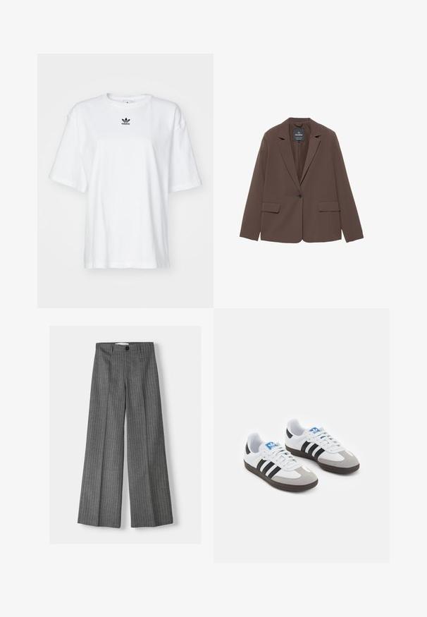 Smeđi sako s reverima, zatvaranjem na jedan gumb i dva prednja džepa. Izrađen od glatkog materijala s krojem koji se prilagođava tijelu.; Bijela kratka majica s kratkim rukavima izrađena od pamuka. Ima okrugli izrez i mali crni Adidas logo na prsima. Ravni rub.; Sive široke hlače s uzorkom prugica, s kopčanjem na gumb i dva prednja džepa. Izrađene od teksturiranog materijala.; Sportske cipele s gornjištem od bijele kože, sivi suedinasti nos i tri crne pruge. Imaju plavi logo na jeziku i teksturiranu gumenu podlogu.