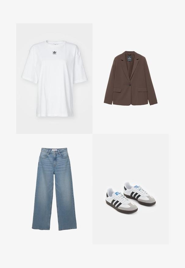 Blazer marrone con colletto a sonaglio, chiusura con un solo bottone e due tasche frontali. Realizzato in tessuto liscio con una vestibilità sartoriale.; T-shirt bianco a maniche corte in cotone. Presenta un collo rotondo e un piccolo logo Adidas nero sul petto. Orlo dritto.; Jeans a gamba larga di colore azzurro chiaro realizzati in denim. Caratterizzati da vita alta, cinque tasche e un taglio dritto con minima scoloritura.; Scarpe sportive con tomaia in pelle bianca, punta in suede grigia e tre strisce nere. Presentano un logo blu sulla linguetta e una suola in gomma testurizzata.