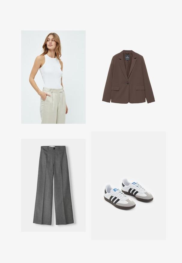 Brauner Blazer mit aufgesetztem Kragen, Ein-Knopf-Verschluss und zwei Fronttaschen. Hergestellt aus glattem Stoff mit taillierter Passform.; Weißes ärmelloses Tanktop mit figurnaher Passform, aus geripptem Stoff, kombiniert mit hellbeigen, hochgeschnittenen Leinenhosen.; Grauweite Hosen mit einem Nadelstreifenmuster, ausgestattet mit einem Knopfverschluss und zwei vorderen Taschen. Aus texturiertem Stoff gefertigt.; Sportschuhe mit einem Obermaterial aus weißem Leder, grauer Wildleder-Zehenkappe und drei schwarzen Streifen. Sie verfügen über ein blaues Logo auf der Zunge und eine strukturierte Gummisohle.