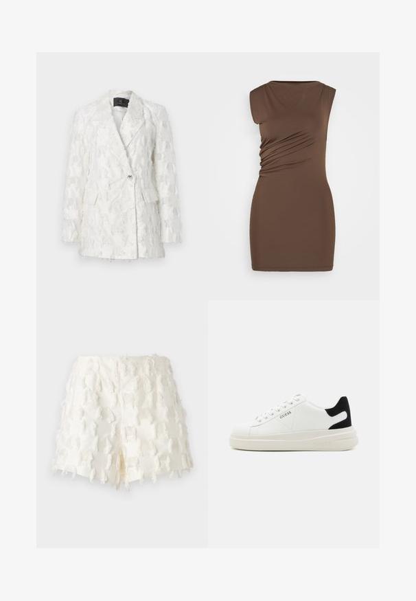 Fehér textúrájú blézer, amely dupla gombolású kialakítással, két elülső zsebbel és fényes gombos záródással rendelkezik. Az anyag bojtossal díszített mintázattal bír.; Barna, ujjatlan ruha, amely formázott sziluettel rendelkezik. Oldalsó redőzéssel és sima, rugalmas anyaggal készült. Egyszerű, kerek nyakkivágás, térd fölötti hosszúságú.; Fehér sort, amelyet texturált anyag, rojtos díszítések és bonyolult rácsos minta jellemez. A kialakítás magas derékú, elfrayed végződéssel.; Fehér bőr sportcipők vastag fehér talppal, fekete velúr sarokpikkelyel és dombornyomott logóval az oldalon. Fűzős kialakítás, hat fűzőlyukkal.