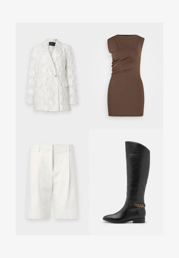 Blazer alb texturat cu un design cu două rânduri de nasturi, două buzunare frontale și o închidere cu buton lucios. Materialul are un model cu ciucuri.; Rochie maro, fără mâneci, cu o silueta ajustată. Prezintă pliere laterală și un material neted și elastic. Decolteu rotund simplu, lungime deasupra genunchiului.; Bermude lungi de culoare deschisă, confecționate din bumbac, cu un front plat, pliseuri și o croială dreaptă. Textură netedă cu un finisaj clasic.; Cizme negre din piele înalte, cu un design elegant, vârf ascuțit și un accent de lanț auriu la gleznă. Toc mic în formă de bloc. Textură netedă.