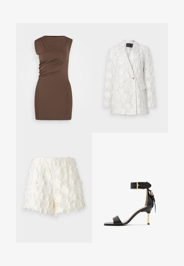 Blazer bianco texturizzato con design doppiopetto, due tasche frontali e chiusura con bottoni lucidi. Il tessuto presenta un motivo frangiato.; Abito marrone senza maniche con silhouette aderente. Caratterizzato da arricciature laterali e un tessuto liscio ed elastico. Collo rotondo semplice, lunghezza sopra il ginocchio.; Pantaloni corti bianchi realizzati in un tessuto testurizzato con dettagli frangiati e un intricato motivo a griglia. Il design è a vita alta con una finitura sfilacciata.; Sandal con tacco in pelle nera, punta quadrata, cinturino alla caviglia con fibbia dorata e tacco metallico slanciato. Texture liscia, design minimalista.