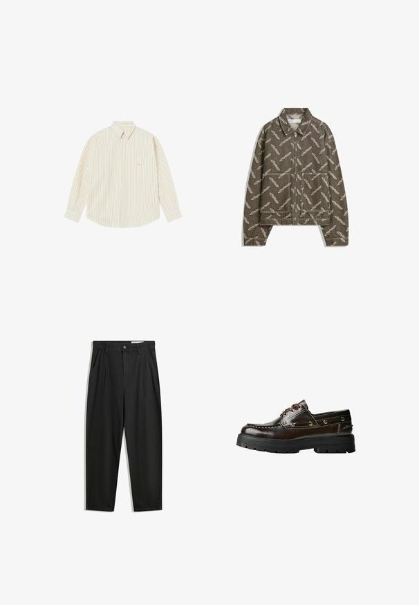 Giacca marrone con zip frontale, caratterizzata da un motivo a piume in beige. Presenta un colletto e due tasche frontali con un taglio leggermente corto.; Camicia button-up di colore crema chiaro con sottili righe verticali. Presenta un colletto a punta, maniche lunghe e un piccolo logo ricamato sulla tasca del petto.; Pantaloni in cotone neri con una vestibilità rilassata, dotati di una vita classica, pieghe frontali e tasche laterali. Tessuto liscio senza fantasie.; Scarpa da barca in pelle marrone con suola in gomma, dotata di dettagli di cucitura, occhielli metallici e design con lacci. Costruzione robusta e leggera.