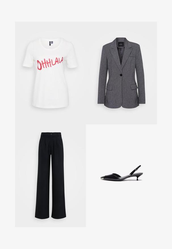 Pelēks bleizeris, izgatavots no teksturēta auduma, ar iegriezta tipa apkakli, vienu pogu aizdari, divām priekšējām kabatām un krūšu kabatu.; Balta kokvilnas T-kreklā ar īsām piedurknēm, priekšpusē ir mirdzoši sarkans teksts "OHHLALA" spēlīgā kursīvas stilā.; Platas kājas melnas bikses, izgatavotas no gludas auduma, ar pogu aizdari un smalkiem svārkiem, ar elastīgu jostasvietu ērtībai.; Melni lakoti slingback augstpapēžu zābaki ar smailu pirkstu, metāla akcentu uz pirksta un plānu kaķa papēdi. Gluda tekstūra, minimālistisks dizains.