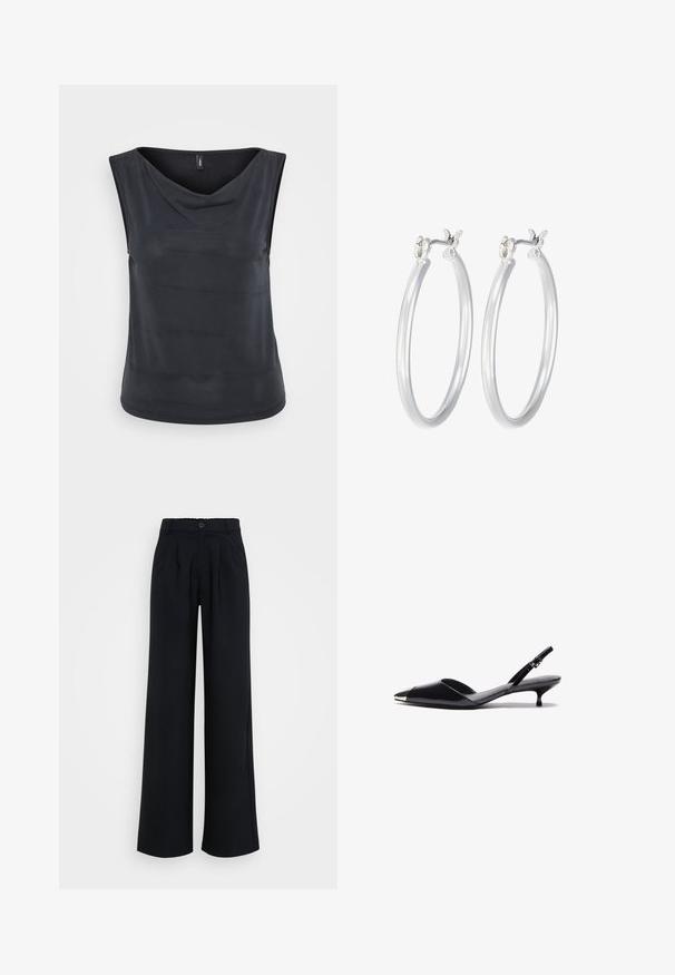 Pilkas švarkas, pagamintas iš tekstūruoto audinio, su įpjauta apykakle, vienu mygtuko užsegimu, dviem priekinėm kišenėm ir krūtine kišene.; Bežinės juodos spalvos palaidinė be rankovių su akinimo iškirpte. Pagaminta iš sklandžios, lengvos medžiagos. Turi laisvą siluetą ir apvalų apatinį kraštą.; Plati juodos kelnės, pagamintos iš lygaus audinio, su užsegimu mygtuku ir subtiliomis raukšlėmis, turinčios elastinę juosmens dalį patogumui.; Juodos lakuotos odinės šlepetės su smailiu pirštu, metaliniu akcentu ant piršto ir plonu kulniuku. Lygi tekstūra, minimalistiškas dizainas.; Sidabriniai auskarai su sklandžiu, poliruotu paviršiumi. Apvalios formos ir saugus uždarymo mechanizmas. Lengvas dizainas, tinkantis kasdieniam dėvėjimui.