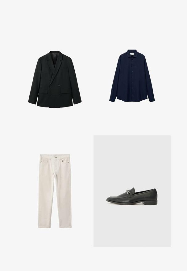 Černý dvouřadý blazer vyrobený z hladké tkaniny s klopovými límci, dvěma předními kapsami a knoflíkovým zapínáním. Ušitý, strukturovaný design.; Námořnická modrá košile na knoflíky s límečkem, dlouhými rukávy a rovním lemem. Má hladkou texturu a pět předních knoflíků.; Světlé béžové bavlněné džíny se rovnými nohavicemi, pětiletým provedením kapes, kovovým zapínáním na knoflík a jemnou texturou. Bez viditelných vzorů nebo akcentů.; Černé kožené mokasíny s hladkým povrchem, s prošívaným designem a dekoračním kovovým řetízkem přes nárt. Plochý podpatek.