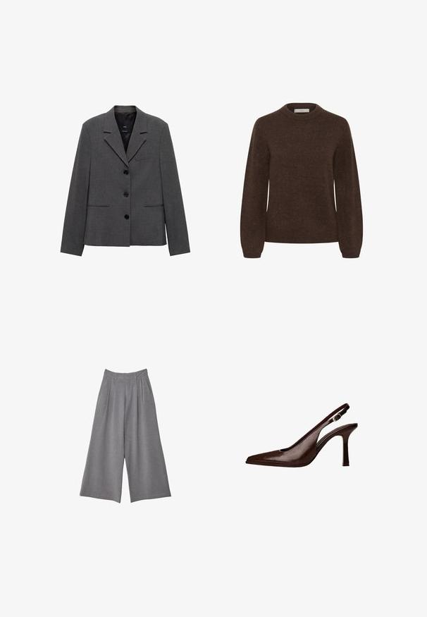 Blazer gris en tissu texturé, avec un col cranté, trois boutons et deux poches avant inclinées.; Pull en tricot marron avec col rond, manches longues et texture douce, présentant un design simple sans motifs ni embellissements.; Pantalons gris à jambe large en tissu texturé, avec des plis à la taille et deux poches latérales. Conçus avec une taille mi-haute.; Escarpin à bride arrière en cuir brun avec un bout pointu et un talon fin. Présente une petite boucle décorative sur la sangle et une finition brillante.