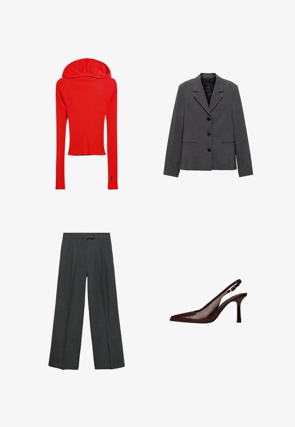 Sivi blejzer od teksturirane tkanine, s reverima, tri dugmeta i dva kuta prednja džepa.; Crveni rebrasti dugoslojni top s uskim dizajnom, koji ima kapuljaču i rupice za palčeve na kraju rukava.; Tamno sive široke hlače s nabora sprijeda, izrađene od teksturiranog materijala, s ravnim pojasom bez vidljivih zatvarača.; Smešani kožni slingback cipele s uskim nosom i tankom petom. Ima malu dekorativnu kopču na remenu i sjajnu završnicu.
