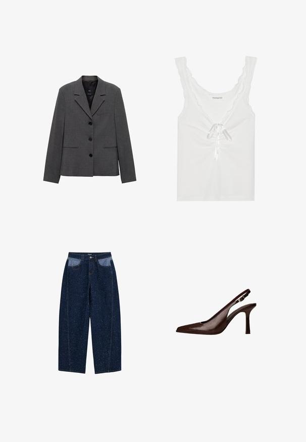 Blazer gris en tissu texturé, avec un col cranté, trois boutons et deux poches avant inclinées.; Top sans manches blanc avec des bords festonnés, un lien devant en ruban satiné, et un détail froncé au centre. Fabriqué en tissu doux.; Jeans en denim bleu foncé à jambes larges avec une texture mouchetée, deux poches avant avec un tissu plus clair contrastant et des détails de couture visibles.; Escarpin à bride arrière en cuir brun avec un bout pointu et un talon fin. Présente une petite boucle décorative sur la sangle et une finition brillante.