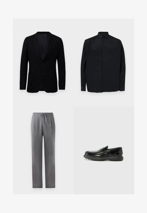 Blazer nero da uomo con due tasche frontali, revers a punta, due bottoni e un tessuto sottile a trama su sfondo bianco.; Camicia nera a maniche lunghe realizzata in tessuto morbido, con colletto classico, apertura con bottoni e vestibilità rilassata con maniche a polsino.; Pantaloni grigi su misura con vita regolabile, pinces e gambe dritte. Il tessuto è morbido, con una finitura a trama sottile.; Mocassino in pelle nera con finitura lucida, punta arrotondata, dettagli di cucitura sottili e suola in gomma spessa per una maggiore durata.