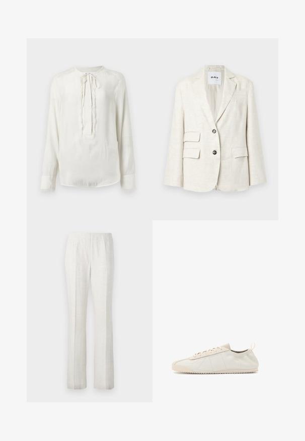 Light beige blazer made of textured fabric, featuring a notched lapel, two front pockets, and two black buttons. Label reads "DAY."; Beige ribbed long-sleeve top with a scoop neckline. The texture is smooth and fitted. Flared cuffs add a subtle design detail.; White long-sleeve blouse with a round neckline and tie closure. Features a textured trim along the front and cuffs. Smooth fabric finish.; Light-colored, straight-leg trousers with a smooth texture, featuring front pleats and a clean waistband design.; Cream leather sneaker with a rounded toe, lace-up design, textured accents, and textured rubber sole featuring zigzag traction pattern.