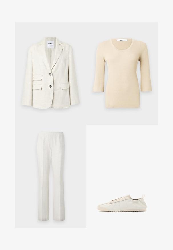 Light beige blazer made of textured fabric, featuring a notched lapel, two front pockets, and two black buttons. Label reads "DAY."; Beige ribbed long-sleeve top with a scoop neckline. The texture is smooth and fitted. Flared cuffs add a subtle design detail.; Light-colored, straight-leg trousers with a smooth texture, featuring front pleats and a clean waistband design.; Cream leather sneaker with a rounded toe, lace-up design, textured accents, and textured rubber sole featuring zigzag traction pattern.