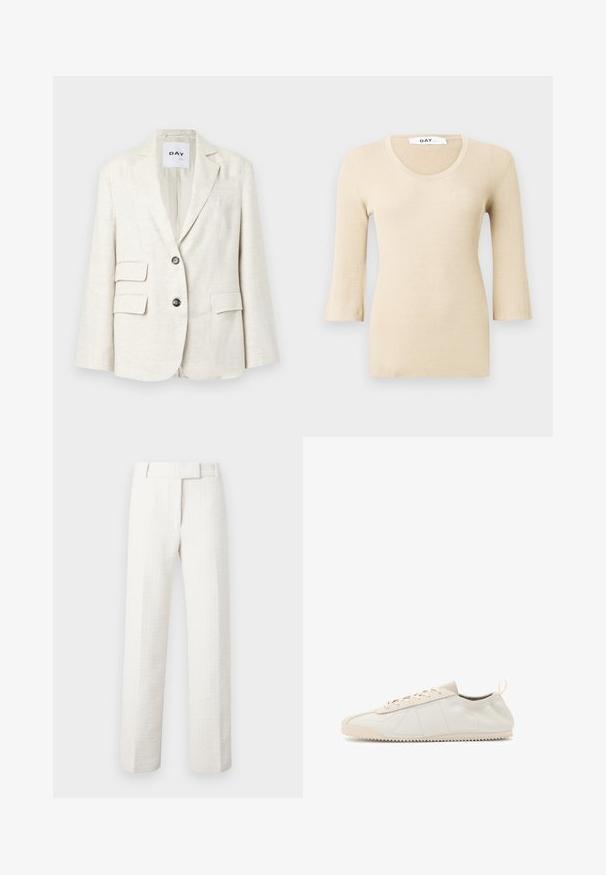 Blazer beige clair en tissu texturé, avec un revers cranté, deux poches avant et deux boutons noirs. L'étiquette indique "DAY."; Top à manches longues en beige côtelé avec un décolleté arrondi. La texture est lisse et ajustée. Des poignets évasés ajoutent un détail de design subtil.; Pantalon blanc sur mesure en tissu texturé. Il présente une jambe droite et des passants de ceinture, conçu avec une silhouette propre et minimaliste.; Baskets en cuir crème avec un bout rond, design à lacets, accents texturés et semelle en caoutchouc texturé avec un motif de traction en zigzag.