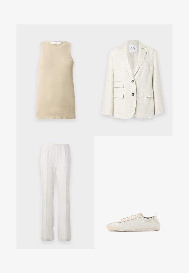 Blazer beige claro hecho de un tejido texturizado, con solapas de muesca, dos bolsillos frontales y dos botones negros. La etiqueta dice "DAY."; Top sin mangas de canalé beige con cuello redondo, que presenta un ajuste ceñido y una textura suave, ideal para superponer o para climas cálidos.; Pantalones de pierna recta de color claro con una textura suave, que presentan pliegues en la parte frontal y un diseño de cinturilla limpio.; Zapatillas de cuero crema con puntera redondeada, diseño de cordones, acentos texturizados y suela de goma texturizada con patrón de tracción en zigzag.