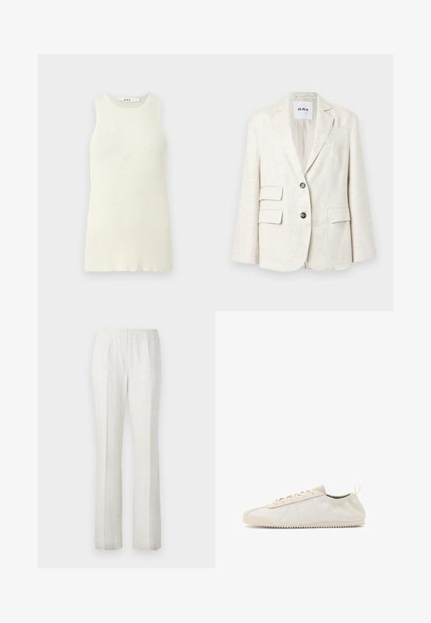 Blazer beige claro hecho de un tejido texturizado, con solapas de muesca, dos bolsillos frontales y dos botones negros. La etiqueta dice "DAY."; Top sin mangas de color crema hecho de tela de canalé, con un escote redondo y un diseño ajustado. Sin patrones o acentos visibles.; Blusa blanca de manga larga con cuello redondo y cierre con lazo. Presenta un borde texturizado a lo largo del frente y los puños. Acabado de tejido suave.; Pantalones de pierna recta de color claro con una textura suave, que presentan pliegues en la parte frontal y un diseño de cinturilla limpio.; Zapatillas de cuero crema con puntera redondeada, diseño de cordones, acentos texturizados y suela de goma texturizada con patrón de tracción en zigzag.