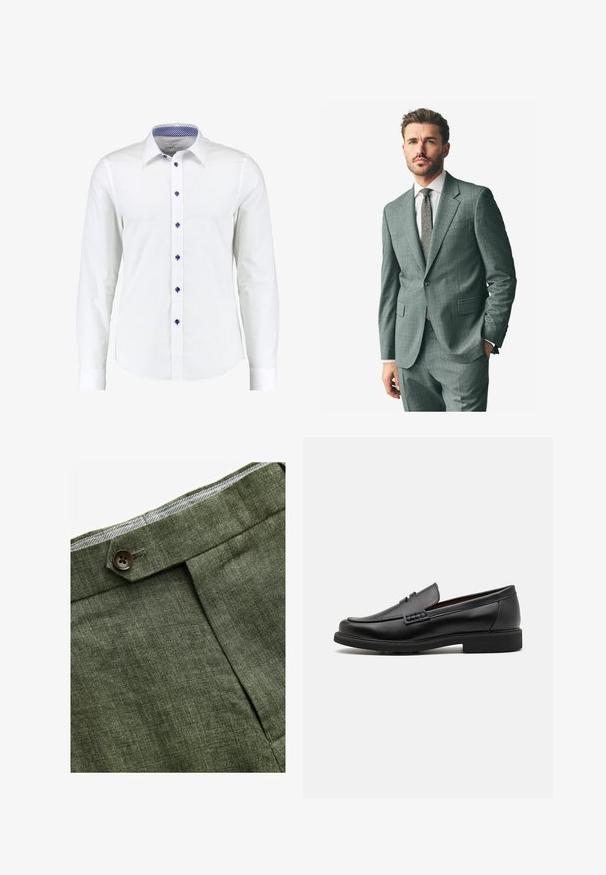Suit grigio con texture, colletto a scollatura, pantaloni abbinati e camicia formale chiara. Gli accessori includono una cravatta a motivo e bottoni sulle maniche.; Maglione nero, aderente, con scollo a V e maniche lunghe. Realizzato in morbido tessuto a maglia, con polsini e vita a coste. Design minimalista.; Camicia bianca a maniche lunghe con colletto abbottonato, con bottoni blu a contrasto e un motivo a quadretti blu all'interno del colletto.; T-shirt bianca in cotone con scollo rotondo, indossata con pantaloni plissettati blu navy e una cintura in pelle marrone con fibbia dorata.; Pantaloni in lino verde oliva con piega frontale, dotati di chiusura con bottone e una fodera a quadretti a contrasto nella cintura.; Mocassini sintetici neri con una spessa cucitura frontale, soletta imbottita e suola piatta in gomma; design elegante con dettagli minimi.