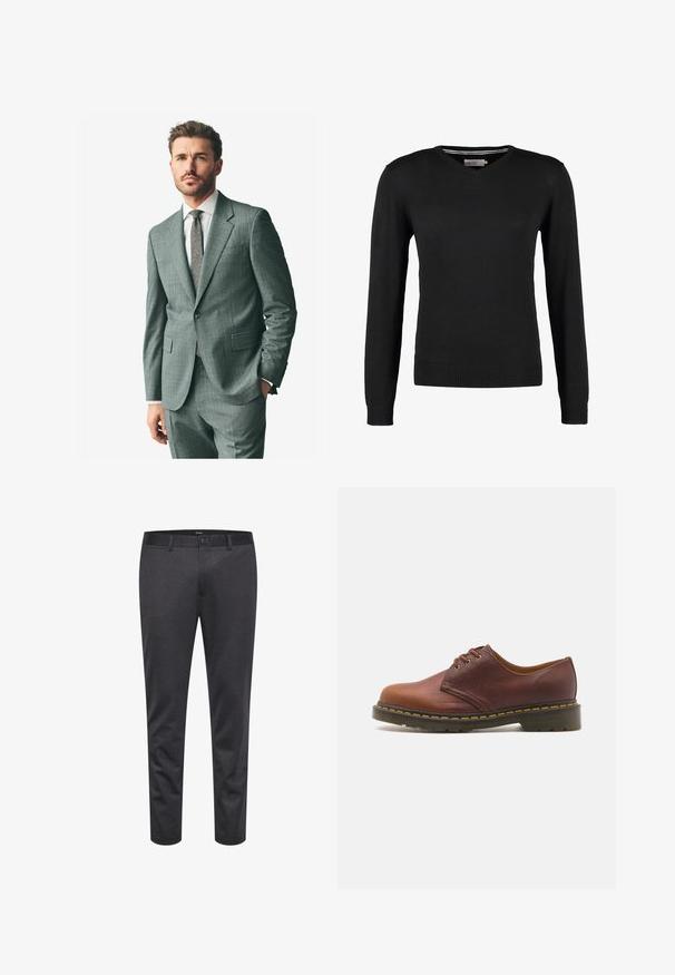 Grijs textuurpak met een afgeronde revers, bijpassende broek en een lichtkleurig overhemd. Accessoires zijn onder andere een gestreepte stropdas en knopen op de mouwen.; Zwarte, aansluitende V-hals trui met lange mouwen. Gemaakt van zachte gebreide stof, met geribbelde mouwen en zoom. Minimalistisch ontwerp.; Witte katoenen t-shirt met ronde hals, gedragen met marineblauwe geplooide broek en een bruine leren riem met een gouden gesp.; Grijze slim-fit broek van textuurstof, met knoopsluiting, riemlussen en een gestructureerd silhouette met taps toelopende pijpen.; Bruine leren schoen met een gladde afwerking, ronde neus en vetersluiting met vijf gaatjes. Voorzien van gele stiksels langs de zool en een gestructureerde hak.