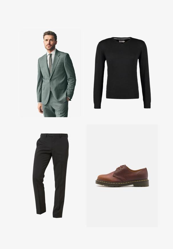 Grau strukturiertes Anzug mit Schlag, passende Hose und einem hellen Hemd. Die Accessoires umfassen eine gemusterte Krawatte und Knöpfe an den Ärmeln.; Schwarzer, taillierter V-Ausschnitt-Pullover mit langen Ärmeln. Hergestellt aus weichem Strickstoff, mit gerippten Bündchen und Saum. Minimalistisches Design.; Weißes Baumwoll-T-Shirt mit rundem Ausschnitt, kombiniert mit navyblauen, gefalteten Hosen und einem braunen Ledergürtel mit goldener Schnalle.; Next Trousers - Suit Trousers Slim Fit - Anzughose - mottled black; Braunes Leder-Schuh mit glatter Oberfläche, runder Zehenform und fünf Ösen-Schnürung. Verfügt über gelbe Nähte entlang der Sohle und eine strukturierte Ferse.