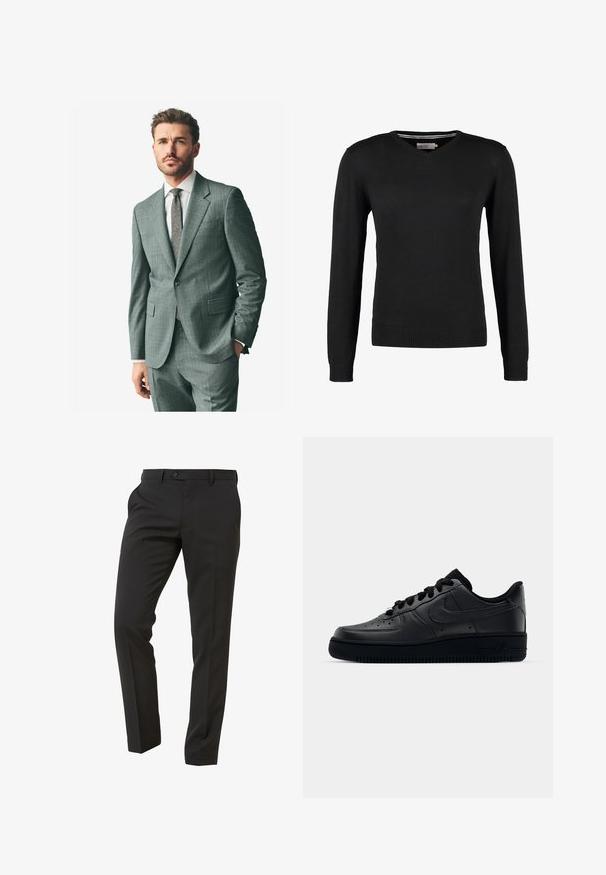 Grau strukturiertes Anzug mit Schlag, passende Hose und einem hellen Hemd. Die Accessoires umfassen eine gemusterte Krawatte und Knöpfe an den Ärmeln.; Schwarzer, taillierter V-Ausschnitt-Pullover mit langen Ärmeln. Hergestellt aus weichem Strickstoff, mit gerippten Bündchen und Saum. Minimalistisches Design.; Weißes Baumwoll-T-Shirt mit rundem Ausschnitt, kombiniert mit navyblauen, gefalteten Hosen und einem braunen Ledergürtel mit goldener Schnalle.; Next Trousers - Suit Trousers Slim Fit - Anzughose - mottled black; Schwarzer Nike Air Force 1 Schuh mit einem glatten Lederoberteil, perforierter Zehenpartie für Atmungsaktivität, schwarzen Schnürsenkeln und einer strukturierten Gummisohle.