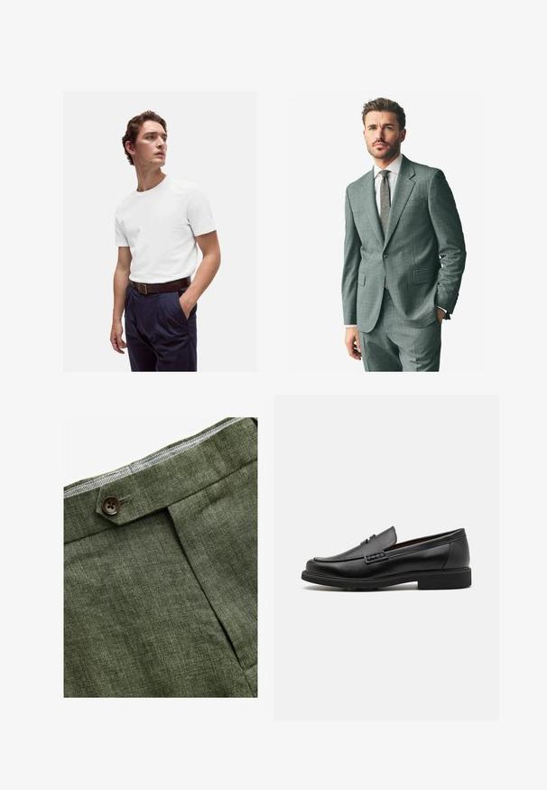 Traje gris texturizado con solapa muesca, pantalones a juego y una camisa de vestir clara. Los accesorios incluyen una corbata de patrón y botones en las mangas.; Suéter negro, ajustado, con cuello en V y mangas largas. Hecho de un suave tejido de punto, con puños y cinturilla acanalados. Diseño minimalista.; Camiseta blanca de algodón con cuello redondo, combinada con pantalones de traje azul marino con plisado y un cinturón de cuero marrón con hebilla dorada.; Pantalones de lino verde oliva con un pliegue delantero, que cuentan con un cierre de botón y un forro a cuadros en contraste en la cinturilla.; Mocasines sintéticos negros con un prominente frente cosido, plantilla acolchada y suela plana de goma; diseño elegante con un detalle mínimo.