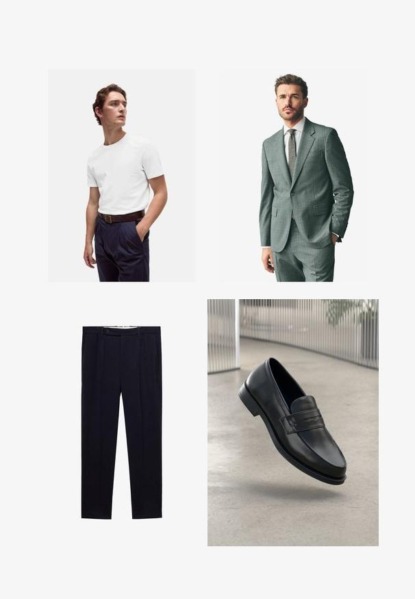 Grijs textuurpak met een afgeronde revers, bijpassende broek en een lichtkleurig overhemd. Accessoires zijn onder andere een gestreepte stropdas en knopen op de mouwen.; Zwarte, aansluitende V-hals trui met lange mouwen. Gemaakt van zachte gebreide stof, met geribbelde mouwen en zoom. Minimalistisch ontwerp.; Witte katoenen t-shirt met ronde hals, gedragen met marineblauwe geplooide broek en een bruine leren riem met een gouden gesp.; Marineblauwe broek met een straight leg ontwerp, dubbele plooien en een knoopsluiting in de taille. Gemaakt van een gladde stof zonder patronen.; Zwarte leren loafer met een gladde textuur, spitse neus en een decoratieve band over de wreef. Lichtgewicht zool, minimalistisch ontwerp.