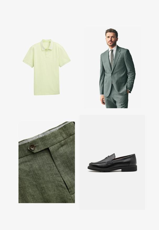 Šedý textúrovaný oblek s klopou, zodpovedajúce nohavice a svetlá košeľa. Doplnky zahŕňajú vzorovanú kravatu a gombíky na rukávoch.; Čierny, priliehavý sveter s výstrihom do V a dlhými rukávmi. Vyrobený z mäkkej pleteniny, s rebrovanými manžetami a pásom. Minimalistický dizajn.; Svetlozelená polo košeľa, krátke rukávy, mäkká tkanina, s dvojitým zapínaním, biele pruhy na golieri a okrajoch rukávov. Jednoduché logo na prednej strane.; Olivové ľanové nohavice s predným záhybom, so zapínaním na gombík a kontrastnou kockovanou podšívkou na pase.; Čierne syntetické poltopánky s výrazným prešitým predným detailom, vycpanou vnútornou stielkou a plochou gumovou podrážkou; elegantný dizajn s minimálnym zdobením.