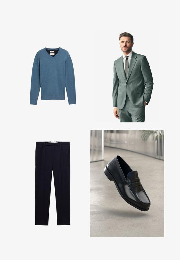 Grau strukturiertes Anzug mit Schlag, passende Hose und einem hellen Hemd. Die Accessoires umfassen eine gemusterte Krawatte und Knöpfe an den Ärmeln.; Blauer Baumwoll-V-Ausschnitt-Pullover mit langen Ärmeln und gerippten Bündchen. Mit einem kleinen Logo auf der Brust und einem weichen, strukturierten Stoff.; Weißes Baumwoll-T-Shirt mit rundem Ausschnitt, kombiniert mit navyblauen, gefalteten Hosen und einem braunen Ledergürtel mit goldener Schnalle.; Marineblaue Hose mit geradem Beinschnitt, doppelten Falten und einem Knopfverschluss an der Taille. Hergestellt aus einem glatten, ungemusterten Stoff.; Schwarze Leder-Loafer mit glatter Oberfläche, abgerundeter Spitze, dekorativen Nähten und leicht erhöhtem Absatz.