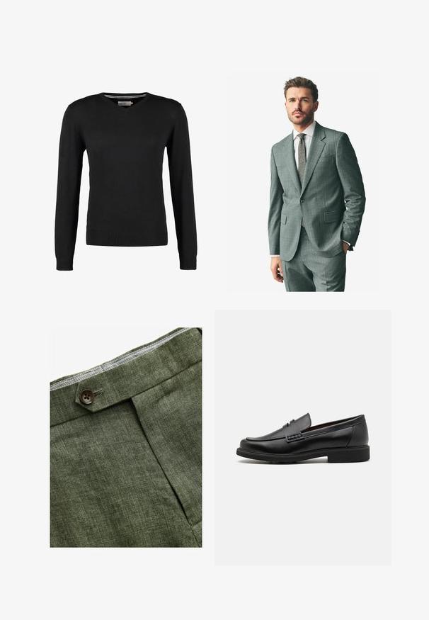 Grijs textuurpak met een afgeronde revers, bijpassende broek en een lichtkleurig overhemd. Accessoires zijn onder andere een gestreepte stropdas en knopen op de mouwen.; Zwarte, aansluitende V-hals trui met lange mouwen. Gemaakt van zachte gebreide stof, met geribbelde mouwen en zoom. Minimalistisch ontwerp.; Witte katoenen t-shirt met ronde hals, gedragen met marineblauwe geplooide broek en een bruine leren riem met een gouden gesp.; Olijf groene linnen broek met een voorplooi, voorzien van een knoopsluiting en een contrasterende geruite voering bij de tailleband.; Zwarte synthetische loafers met een opvallende gestikte voorkant, gevoerde binnenzool en platte rubberen buitenzool; slank ontwerp met minimale details.