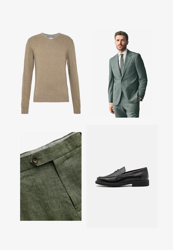 Grå tekstureret jakkesæt med klaplåg, matchende bukser og en lys dresskjorte. Tilbehøret inkluderer et mønstret slips og knapper på ærmerne.; V-hals sweater lavet af blødt, lysebrunt strikstof med lange ærmer samt ribbede manchetter og kant. Subtil struktur i hele stoffet.; Hvid bomulds T-shirt med rund halsudskæring, båret med marineblå plisserede bukser og et brunt læderbælte med en guldbuckle.; Olivenfarvede linnedbukser med en frontfold, prydet med en knaplukning og et kontrastfarvet ternet for i taljebåndet.; Sorte syntetiske loafers med en fremtrædende syet front, polstret indersål og flad gummiydersål; slankt design med minimal detaljer.