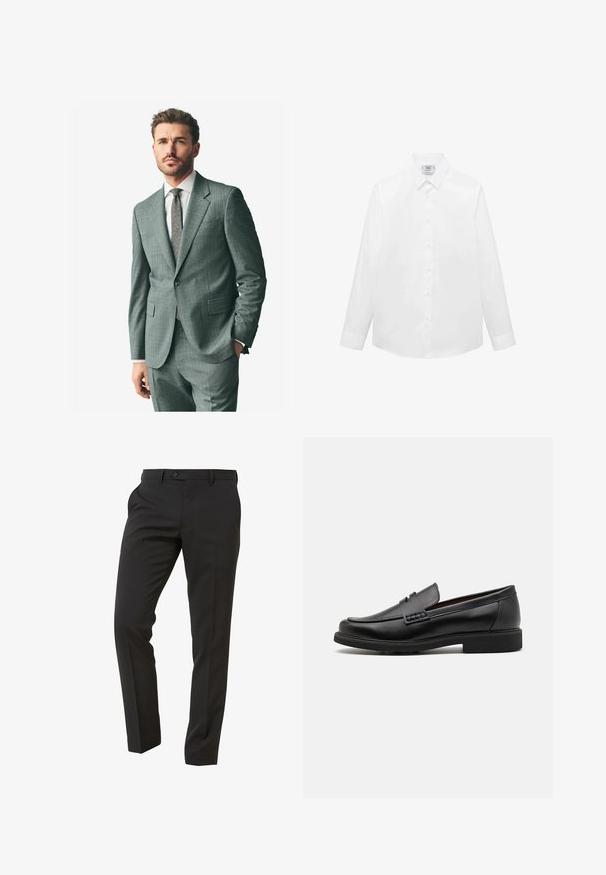 Suit grigio con texture, colletto a scollatura, pantaloni abbinati e camicia formale chiara. Gli accessori includono una cravatta a motivo e bottoni sulle maniche.; Camicia bianca a maniche lunghe realizzata in tessuto liscio, con colletto classico, chiusura frontale a bottoni e orlo curvo. Design minimalista senza motivi.; Next Trousers - Suit Trousers Slim Fit - Pantaloni eleganti - mottled black; Mocassini sintetici neri con una spessa cucitura frontale, soletta imbottita e suola piatta in gomma; design elegante con dettagli minimi.