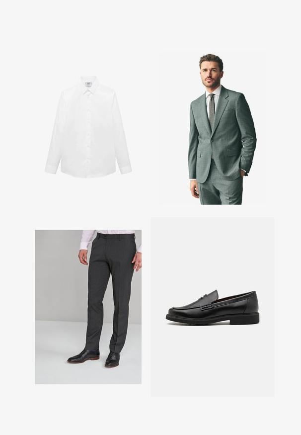 Traje gris texturizado con solapa muesca, pantalones a juego y una camisa de vestir clara. Los accesorios incluyen una corbata de patrón y botones en las mangas.; Camisa blanca de manga larga hecha de una tela suave, con un cuello clásico, botonadura frontal y dobladillo curvado. Diseño minimalista sin patrones.; Pantalones rectos gris con una textura suave, que cuentan con frente plano y trabillas, combinados con zapatos de vestir negros.; Mocasines sintéticos negros con un prominente frente cosido, plantilla acolchada y suela plana de goma; diseño elegante con un detalle mínimo.