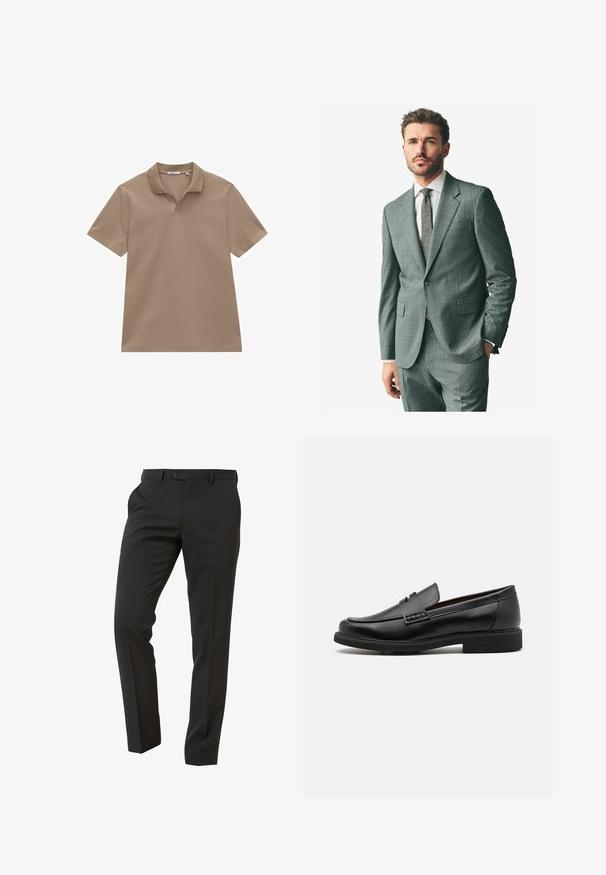 Szary garnitur o teksturowanej fakturze z klapami w kształcie notcha, dopasowane spodnie i jasna koszula. Dodatki to krawat w wzory oraz guziki na rękawach.; Brązowa bawełniana koszulka polo z klasycznym kołnierzykiem, krótkimi rękawami i subtelnym dekoltem w kształcie litery V. Gładka faktura i prosty krój.; Next Trousers - Suit Trousers Slim Fit - Spodnie garniturowe; Czarne syntetyczne mokasyny z wyraźnym przeszyciem z przodu, wyściełaną wkładką i płaską gumową podeszwą; smukły design z minimalnymi detalami.