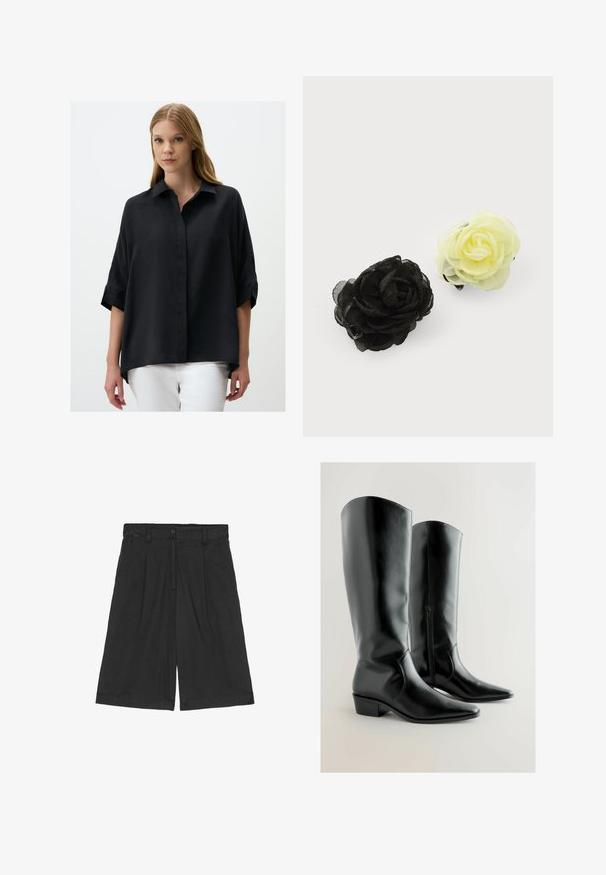 Kurzes schwarzes Blazer aus glattem Stoff, mit einem einzelnen Knopfverschluss, Reverskragen und einer Brusttasche in minimalistischer Gestaltung.; Schwarzes, locker sitzendes Hemd mit Kragen, Knopfverschluss und kurzen, umgeschlagenen Ärmeln. Glatte Textur; längerer Rückenhals. Kombiniere mit weißen Hosen.; Schwarzes kurzärmliges T-Shirt aus glattem Stoff. Mit Rundhalsausschnitt und einer lockeren Passform sowie einem geraden Saum.; Schwarze Leinen-Shorts mit lockerer Passform, flachem Bund, zwei seitlichen Taschen und einem Knopfverschluss an der Taille.; Schwarze knielange Stiefel aus glänzendem Kunstleder. Spitz zulaufende Zehen mit niedrigem Blockabsatz und einem seitlichen Reißverschluss für einfaches An- und Ausziehen. Glatte Textur.; Zwei Haarklemmen in Rosenform: eine schwarze und eine blassgelbe, aus zartem, geschichtetem Stoff mit matter Oberfläche.