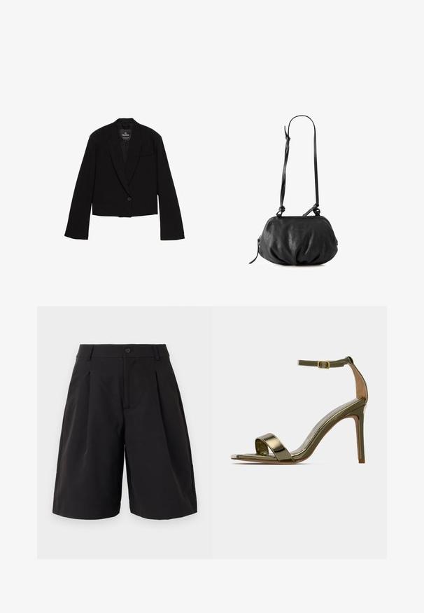 Lyhyt musta bleiseri, joka on valmistettu sileästä kankaasta. Siinä on yksi nappi kiinnityksessä, viiltoapitala, ja minimalistinen rintatasku.; Mustat pitkät hihat crop-top, joka on valmistettu kevyestä kankaasta. Tässä on pyöreä pääntie ja tiukka siluetti, puhtaat saumat ja ilman koristeita.; Noisy May NMMAILE - Housut - black; Kultaiset korkokengät, joissa on nilkkaremmillä ja soljella, avoin varvas, ohut stiletto-korko ja kiiltävä metallipinta yksinkertaisella taustalla.; Mustaksoinen nahkakäsilaukku, jossa on pehmeä ja pyöreä muoto. Varustettu vetoketjukiinnityksellä ja säädettävällä satiinihihnalla. Silkkinen pinta, jossa on kerättyjä yksityiskohtia.; Stradivarius Hiusasuste - pink