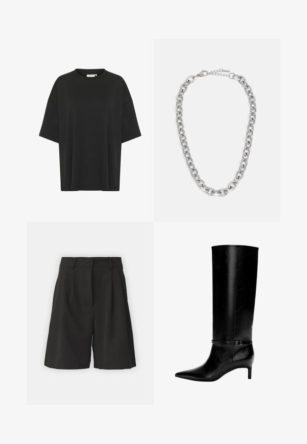Blazer nero accorciato realizzato in tessuto liscio, dotato di chiusura a un bottone, rever a punta e taschino sul petto con design minimalista.; T-shirt nera oversize realizzata in tessuto morbido, con scollatura rotonda, maniche corte e orlo dritto senza decorazioni.; Pantaloni corti neri con un design sartoriale, dotati di pieghe sul davanti, una vita larga e una texture liscia. Nessuna tasca visibile.; Stivale in pelle nera alto fino al ginocchio con punta appuntita e tacco basso. Presenta una cinghia sottile con una fibbia metallica attorno alla caviglia. Texture liscia.; Collana in metallo argentato con maglie ovali e chiusura a moschettone, adagiata su uno sfondo bianco.