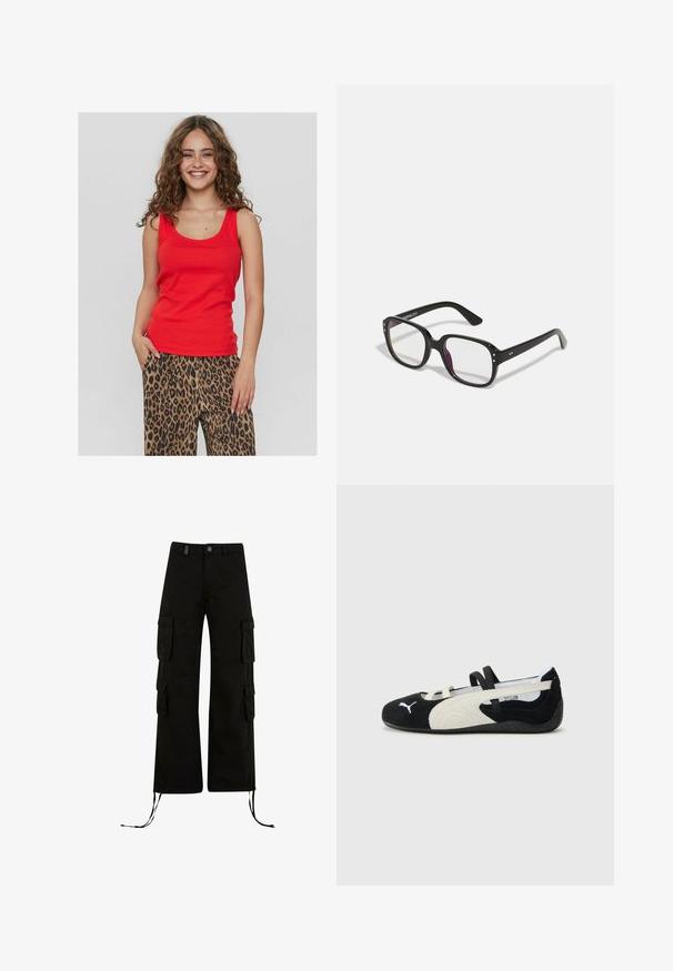 Przycięta czarna marynarka z gładkiego materiału, z pojedynczym zapięciem na guzik, klapami w kształcie otworu oraz kieszenią na piersi o minimalistycznym wzornictwie.; Czerwona bluzka bez rękawów z okrągłym dekoltem, wykonana z gładkiego materiału. Połączona z luźnymi spodniami w panterkę, które mają czarne i brązowe wzory.; Czarne spodnie cargo w luźnym kroju, z kieszeniami cargo po bokach, zaciąganymi dołami oraz zapięciem na guzik w talii.; Czarno-kremowy ultra-lekki but z zamszową cholewką, płaską podeszwą, elastycznymi paskami i małym logo na palcu.; Czarne prostokątne okulary z przezroczystymi soczewkami, z zaokrąglonymi krawędziami i bocznymi akcentami, z błyszczącym wykończeniem na oprawie i podrękach.; Srebrny łańcuszek z owalnymi ogniwami i zapięciem typu lobster, leżący na białym tle.