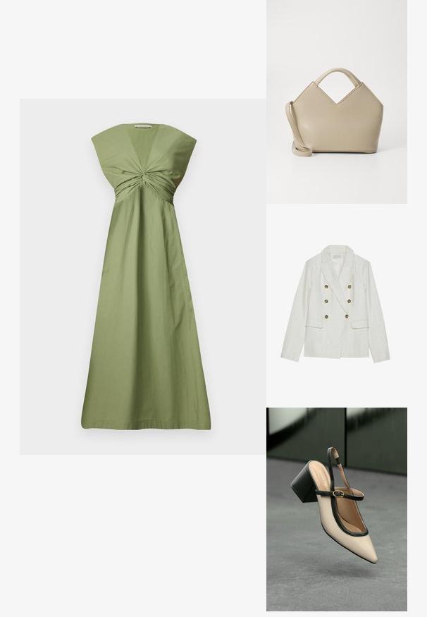 Hvid tweed blazer med en dobbeltbrystet design, der har fire gyldne knapper, to for- lommer og en spids krave.; Olivenfarvet bomulds kjole med en snoet knudedetalje fortil, brede ærmer og en flydende A-linje silhuet. Glat tekstur. Minimalistisk design.; Beige spids tå slingback sko med sort kant, guld spænde og en chunky blokhæl på grå gulv med mørkegrøn baggrund.; Beige struktureret håndtaske med en V-formet top, glat lædermateriale, korte håndtag og et langt justerbart rem. Minimalistisk design.