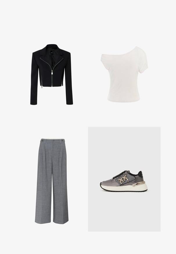Skraćeni crni jakna sa šiljastim ovratnikom, prednjem zatvaranju na rajsferšlus i dugim rukavima. Sadrži detalje na rajsferšlusu u srebrnoj boji.; Bijela majica s otvorenim ramenima od mekanog, laganog materijala. Kratki rukavi, prilagođen oblik i porub s uvijenim detaljem. Glatka tekstura.; Sive široke hlače izrađene od teksturirane tkanine, s dvostrukim dugmetom i prednjim plisiranim detaljima za dodatni dizajn.; Sive tenisice s crnim vezicama, mrežastim panelima, debelim bijelim potplatom i metalnim logotipima ptica sa strane, prikazane sa vanjske strane.