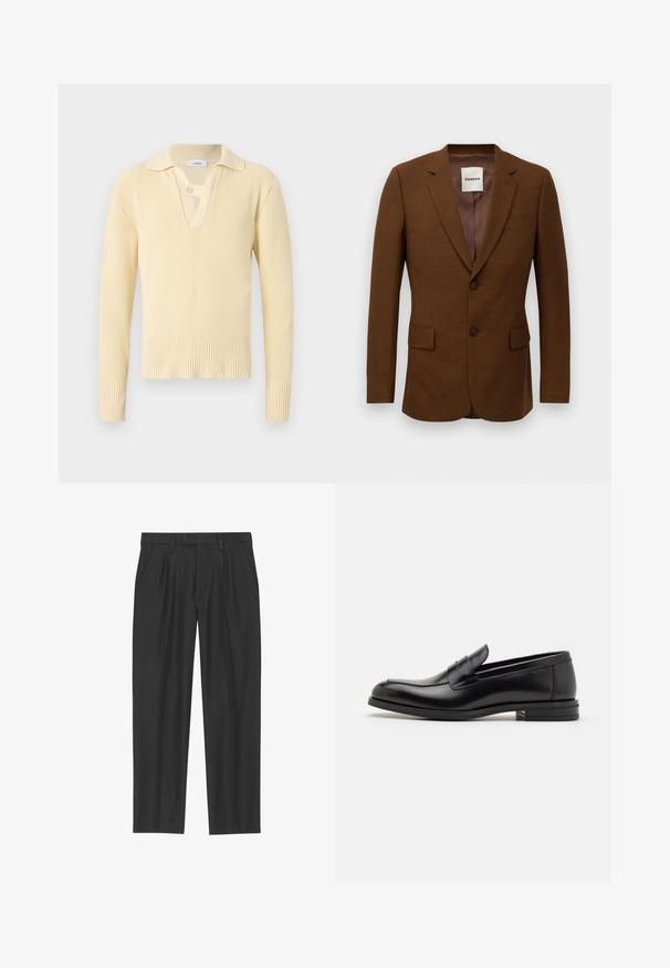 Brązowa marynarka o dopasowanym kroju z klapami, dwoma guzikami, kieszeniami typu flap oraz kieszonką piersiową, z metką "Sandro" wewnątrz kołnierza.; Jasnożółty sweter z prążkowanym wzorem i kołnierzykiem, z pojedynczym zapięciem na guzik przy kołnierzu oraz teksturowanym splotem.; Czarne spodnie plisowane wykonane z gładkiego materiału; posiadają pas z pętlami na pasek oraz prostą nogawkę. Minimalistyczny design bez wzorów.; Czarne skórzane mokasyny o gładkiej fakturze, zaokrąglonym nosku i dekoracyjnym pasku na przodzie. Niski, warstwowy obcas, minimalistyczny design.