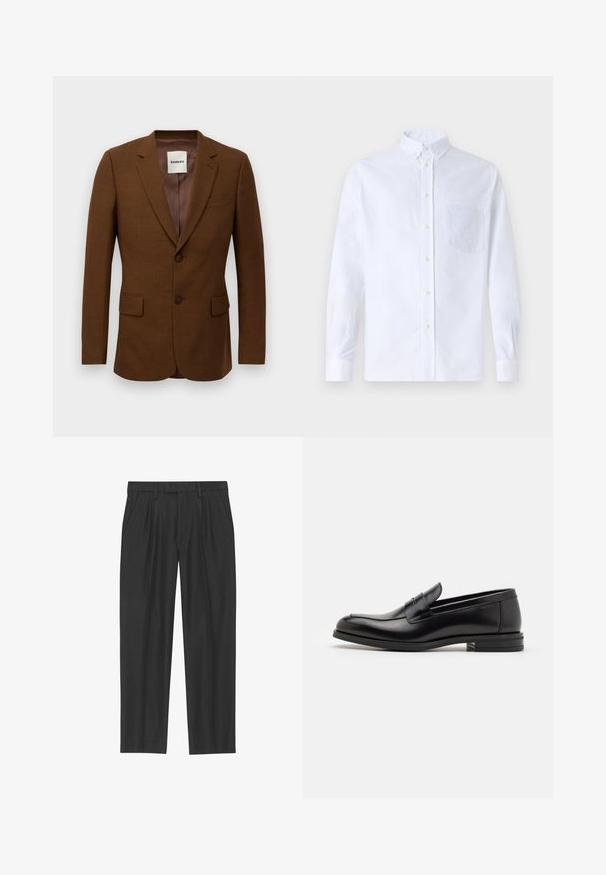 Bruine op maat gemaakte blazer met notch revers, twee knopen, klepzakken en een borstzakje, gelabeld "Sandro" aan de binnenkant van de kraag.; Witte lange mouwen overhemd van katoen, met een borstzak met tonale borduring, een kraag en knopenmanchetten.; Zwarte geplisseerde broeken van een soepele stof; voorzien van een tailleband met riemlussen en een recht gesneden pijp. Minimalistisch ontwerp zonder patronen.; Zwarte leren instappers met een gladde textuur, ronde neus en een decoratieve band over de wreef. Lage, gestapelde hak en minimalistisch ontwerp.