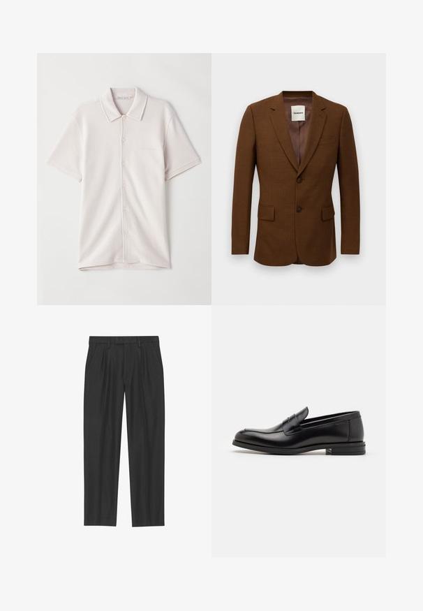 Brauner taillierter Blazer mit Reverskragen, zwei Knöpfen, aufgesetzten Taschen und einer Brusttasche, mit dem Etikett "Sandro" im Kragen.; Kurzärmliges, knöpfbares Poloshirt in hellbeige mit subtiler Textur und "Tiger of Sweden"-Label im Kragen.; Schwarze, plissee Hosen aus einem glatten Stoff; mit einem Bund und Gürtelschlaufen sowie geradem Beinausschnitt. Minimalistisches Design ohne Muster.; Schwarze Lederloafers mit glatter Textur, rundem Zehenbereich und einem dekorativen Riemen über dem Vorderfuß. Niedriger, gestapelter Absatz, minimalistisches Design.