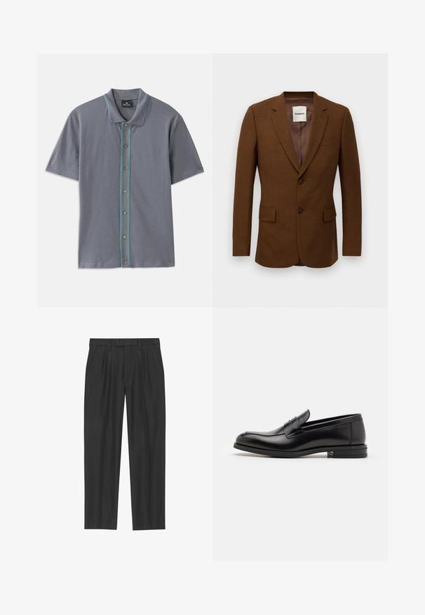 Brun skræddersyet blazer med notch-lapper, to knapper, klaplommer og en brystlomme, mærket "Sandro" inden i kraven.; Grå kortærmet polo-shirt med en kontrastfyldt blå og grøn stribe langs knapstolpen og fem brune knapper. Blød stofstruktur.; Sorte plisserede bukser lavet af et glat stof; har en talje med bæltesløjfer og en lige benpasform. Minimalistisk design uden mønstre.; Sorte læderloafers med en glat overflade, rund tå og en dekorativ strop over vampen. Lav hæl med stabeldesign, minimalistisk stil.