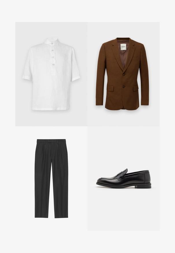 Brun skræddersyet blazer med notch-lapper, to knapper, klaplommer og en brystlomme, mærket "Sandro" inden i kraven.; Hvid kortærmet polo-shirt lavet af linned. Har en knaplukning, en traditionel krave og en afslappet pasform. Glat, let tekstur.; Sorte plisserede bukser lavet af et glat stof; har en talje med bæltesløjfer og en lige benpasform. Minimalistisk design uden mønstre.; Sorte læderloafers med en glat overflade, rund tå og en dekorativ strop over vampen. Lav hæl med stabeldesign, minimalistisk stil.