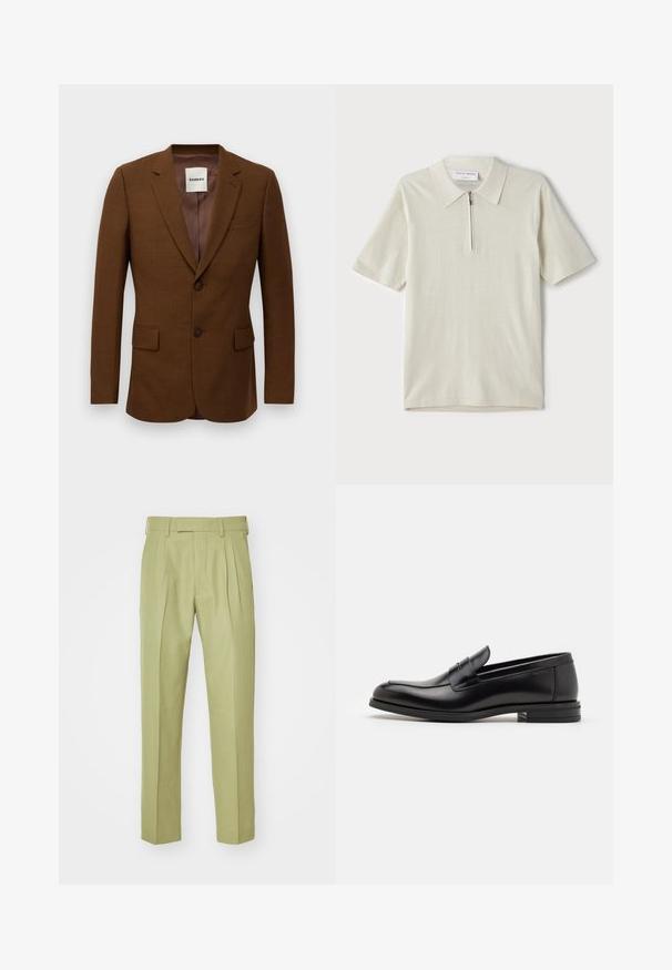 Brauner taillierter Blazer mit Reverskragen, zwei Knöpfen, aufgesetzten Taschen und einer Brusttasche, mit dem Etikett "Sandro" im Kragen.; Kurzärmliges Poloshirt in hellbeige mit Reißverschlusskragen. Hergestellt aus glattem Stoff, bietet es ein einfaches, modernes Design ohne Muster.; Hose in hellgrün, aus weichem Stoff gefertigt, mit hoher Taille, doppelten Falten und geraden Beinen mit maßgeschneiderter Verarbeitung.; Schwarze Lederloafers mit glatter Textur, rundem Zehenbereich und einem dekorativen Riemen über dem Vorderfuß. Niedriger, gestapelter Absatz, minimalistisches Design.