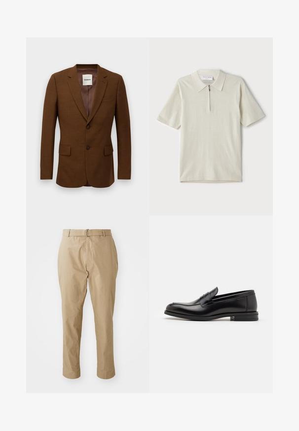 Ruskea räätälöity bleiseri, jossa on terävät läpät, kaksi nappia, läpälliset taskut ja rintatasku, jonka sisäpuolella on merkintä "Sandro".; Vaate lyhythihaisista polo-paitojen vaaleassa beige-värissä, jossa on vetoketjukaulus. Valmistettu sileästä kankaasta, yksinkertainen ja moderni malli ilman kuvioita.; Beige chinos valmistettu sileästä puuvillasekoituksesta, jossa on slim fit -leikkaus, tasainen etuosa, vyölenkit ja yksinkertainen hopeinen solki minimalistisessa designissa.; Mustat nahkakengät, joissa on sileä pinta, pyöreä kärki ja koristeellinen nauha jalkapöydän yli. Matala pinoitu koroke, minimalistinen muotoilu.